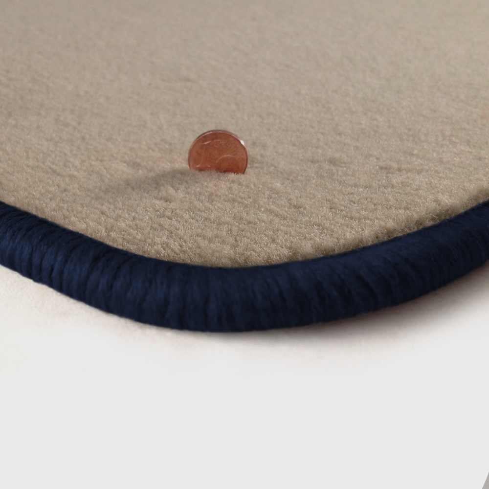 Eine Ecke als Beispiel einer Fussmatte Velours beige mit Rand in dunkelblau.