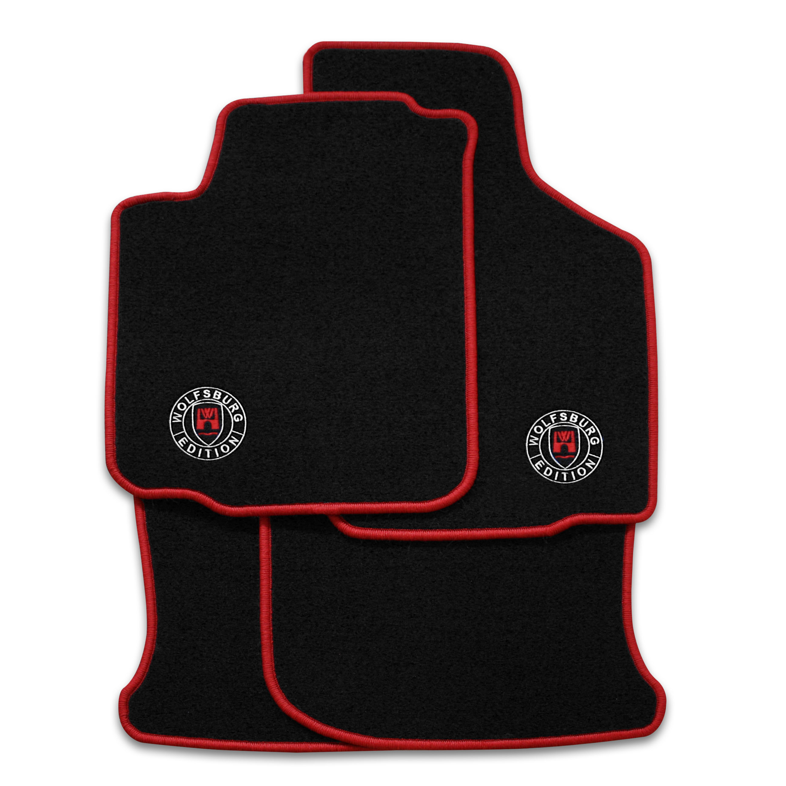 Schwarze Fußmatten mit dem STICK Wolfsburg WOB Logo und Rand in rot.
