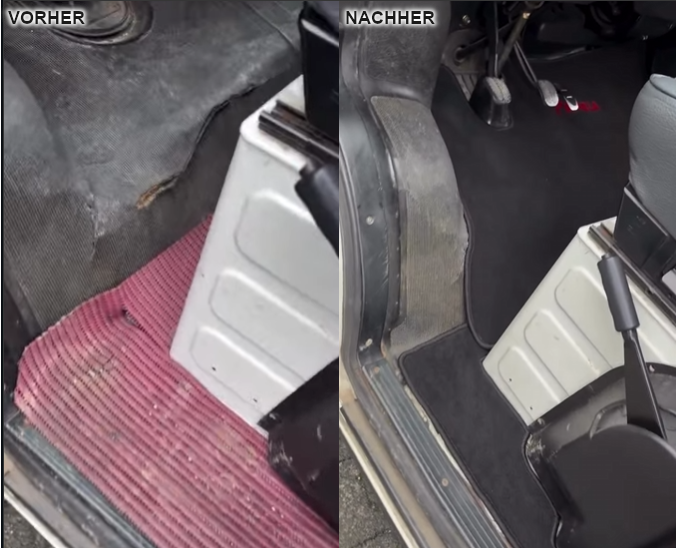 Das Bild zeigt eine Vorher-Nachher-Fotomontage der alte zerschlissene Fußmatte links und rechts die neuen maßgefertigten Fußmatten jeweils im Innenraum des Fahrzeugs.