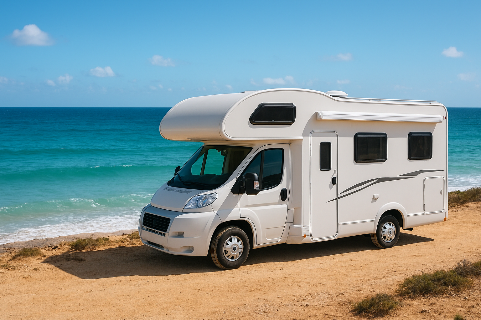 Ein Wohnmobil steht parallel geparkt zum Meer. Bei strahlendem Sonnenschein und leichtem Wellengang kommt Urlaubsfeeling auf.