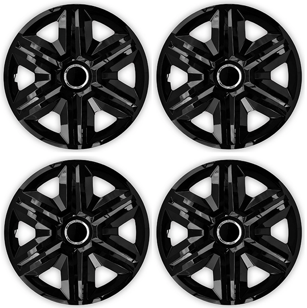 Eine Frontaufnahme des 4er Set Radkappen Modell RKK21 in schwarz.